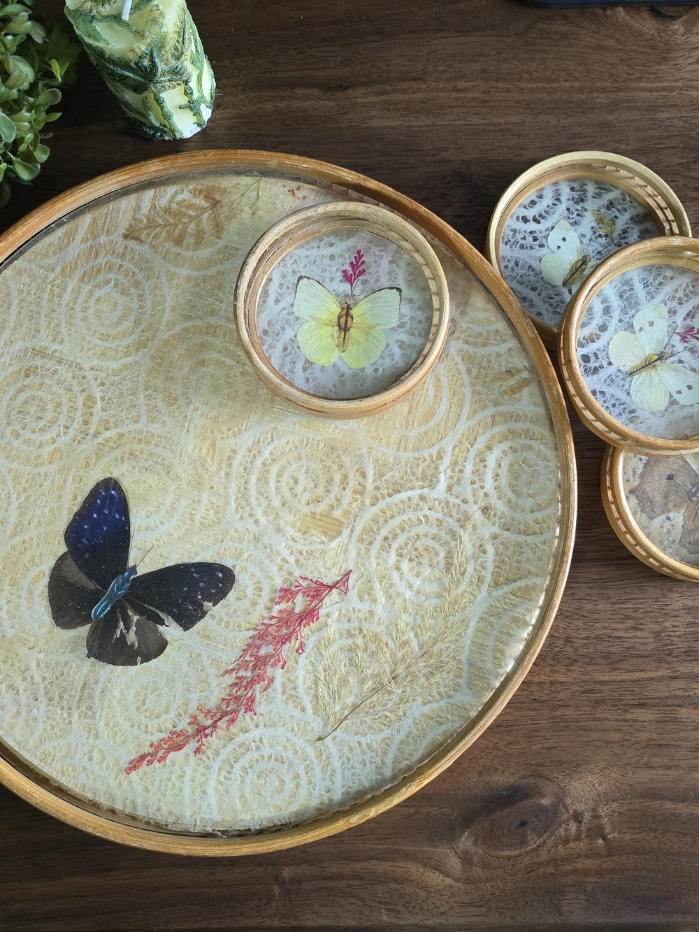 Vintage bamboo butterfly coaster tray set